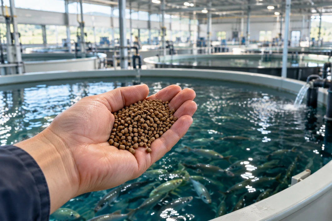 養殖水槽と手のひらに載せたペレット飼料