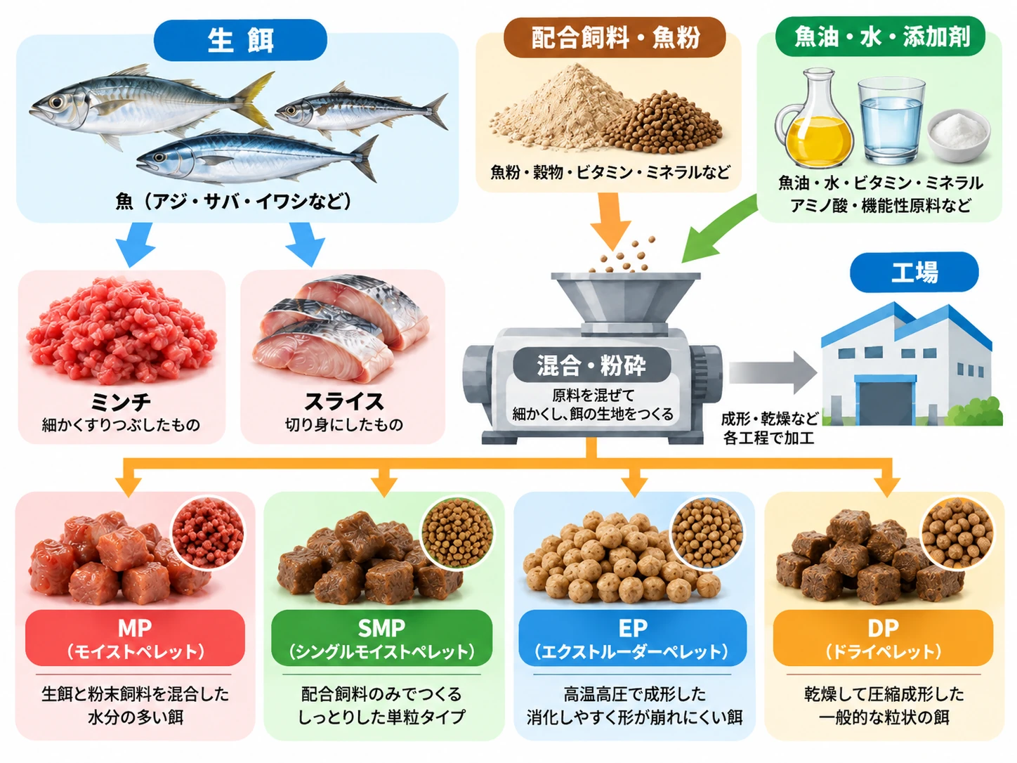 生餌・配合原料からMP・SMP・EP・DPを作る流れ